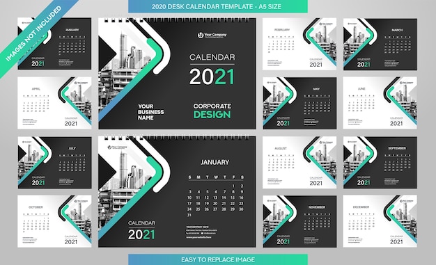 Вектор Шаблон настольного календаря на 2021 год - 12 месяцев в комплекте