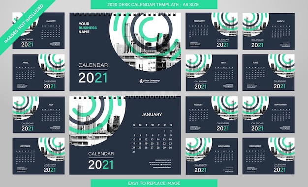 Вектор Шаблон настольного календаря на 2021 год - 12 месяцев в комплекте