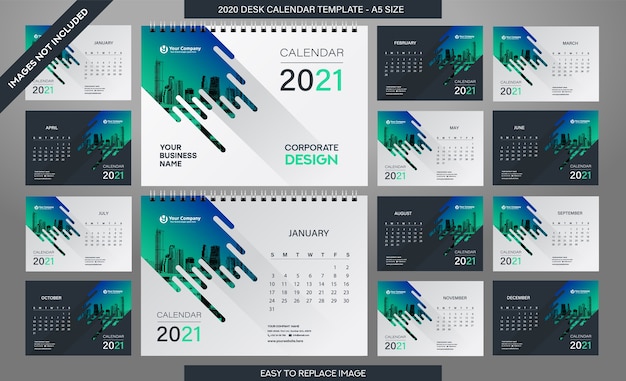 Шаблон настольного календаря на 2021 год - 12 месяцев в комплекте