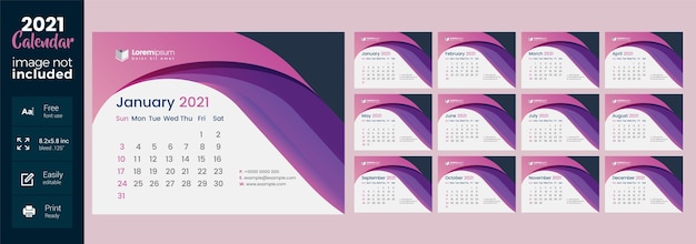 Vettore calendario da tavolo 2021 con layout astratto rosa
