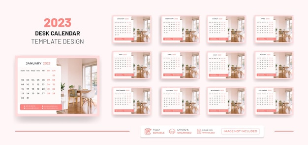 Desk Calendar 2023 Or  Monthly &amp; Weekly Schedule New Year Calendar 2023 Design Template.