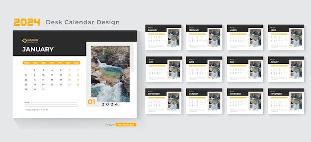 데스크 달력 2024 또는 월간 프 주간 일정 새해 달력 2024 디자인 템플릿