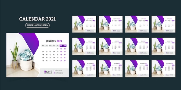 卓上カレンダーのデザイン2021テンプレート12か月のセット、週は月曜日に始まり、