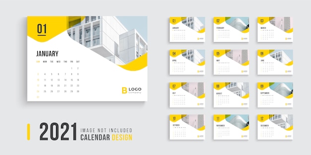 Desk calendar design for 2021 with yellow color shapes