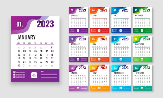 책상 달력 디자인 2023년. 날짜가 있는 2023년 달력입니다. 데스크 캘린더 템플릿 디자인.