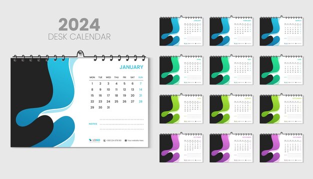 新年明けましておめでとうございます 2024 年の卓上カレンダーのデザイン テンプレート