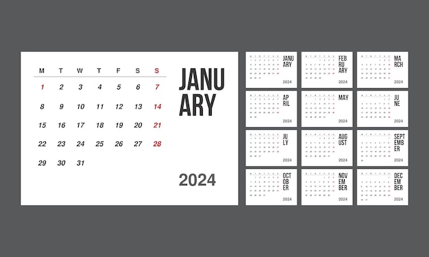 Vector desk calendar in a minimalist style monthly calendar template for 2024 year for business