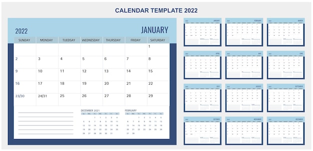 Vettore calendario da tavolo o agenda 2022