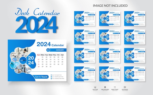 Desk calendar planner 2024 template set modern and creative layout wall calendar set of 12 month