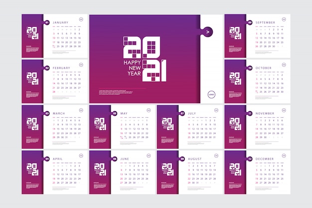 Desk calendar template for 2021 with gradient colors