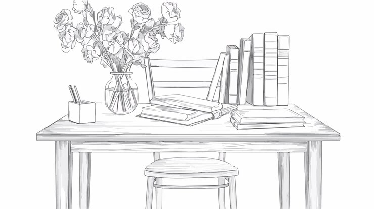 Vector desk decor with degraded line books vase and flowers interior design inspiration