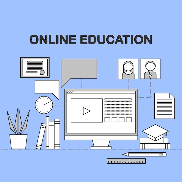 Desk elements online education illustration