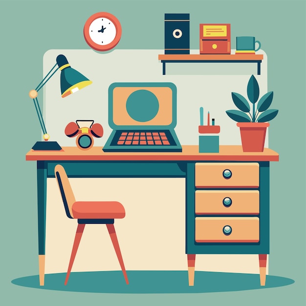 A desk featuring a laptop and a lamp placed on it A vintage desk with a retro computer and rotary phone Simple and minimalist flat Vector Illustration