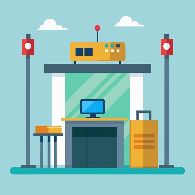 A desk holding a computer on top Airport security checkpoint airline Simple and minimalist flat Vector Illustration