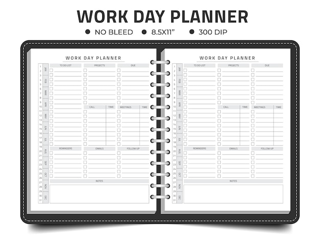 A desk planner that says work day planner.