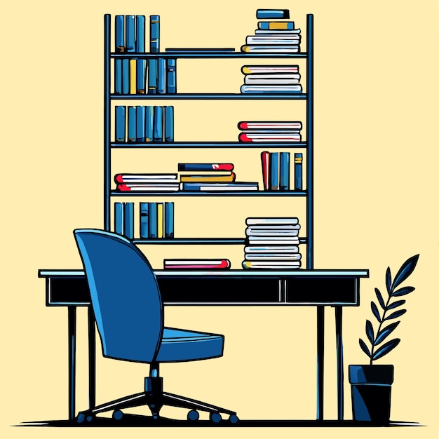 Vector desk and shelving with stack of books vector illustration