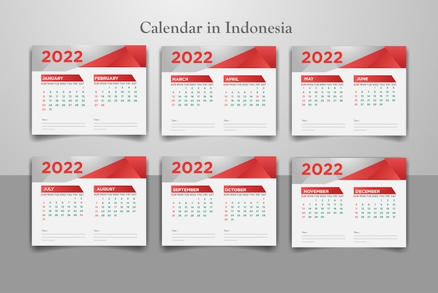 Vettore disegno del modello di calendario da tavolo e da parete 2022 per l'indonesia