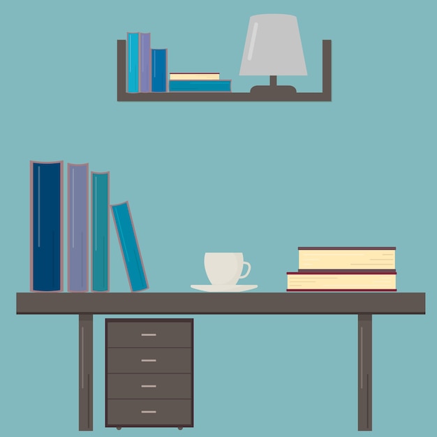 Desk with books and cup of coffee Workplace of the student Education concept Vector design template for your artworks websites social media etc