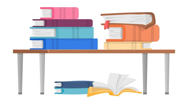 Desk with books. Study research concept. Book in stacks and piles. Vector illustration