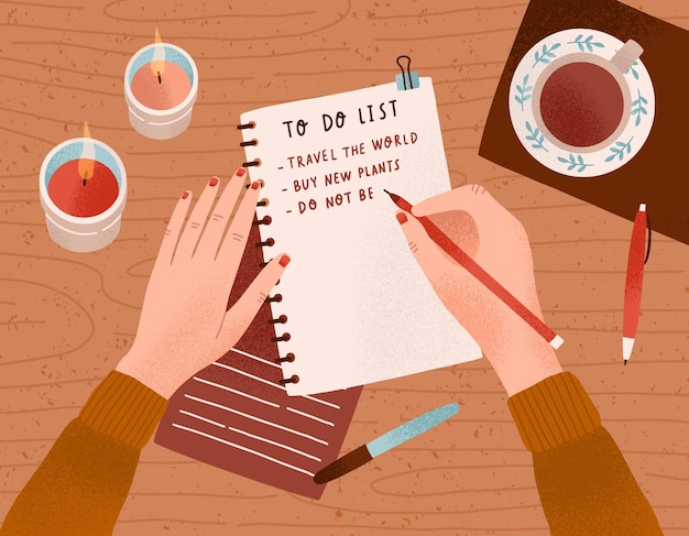 Desk with candles, a cup of coffee on it and woman s hands writing plan in notebook. Person filling to do list with goals and aims. Colorful vector flat cartoon top view illustration.