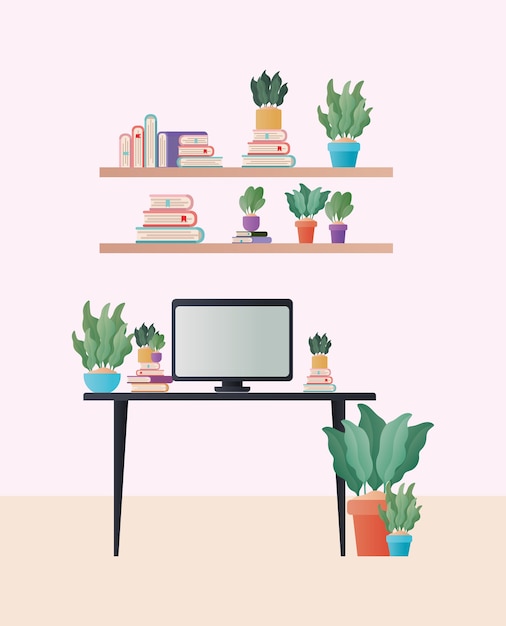 desk with computer and plants in room design, home decoration interior living building apartment and residential theme