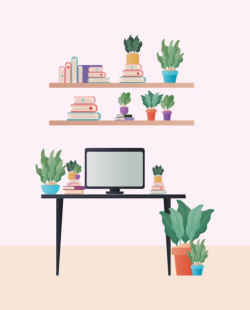 Vector desk with computer and plants in room design, home decoration interior living building apartment and residential theme