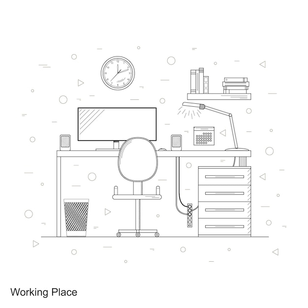 Desk with lamp, window and computer at home. Business room freelancer. Linear style. Workplace. The interior of the home. The wooden table. Vector illustration.