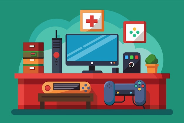 Vector a desk with a monitor game controller and other items placed on it playing station simple and minimalist flat vector illustration