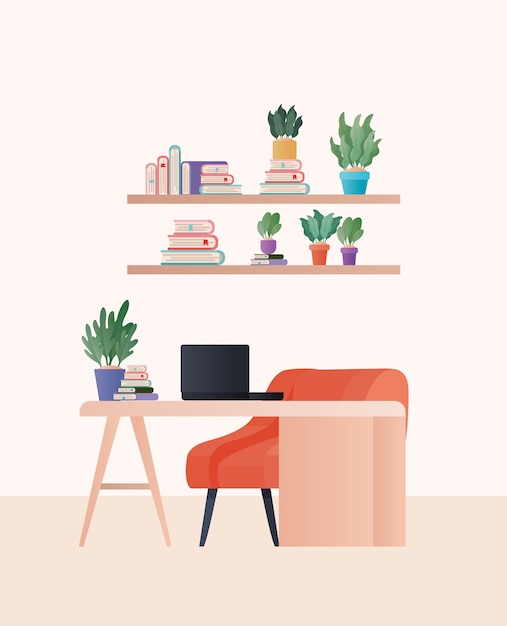 Desk with orange chair laptop and plants in room design, Home decoration interior living building apartment and residential theme