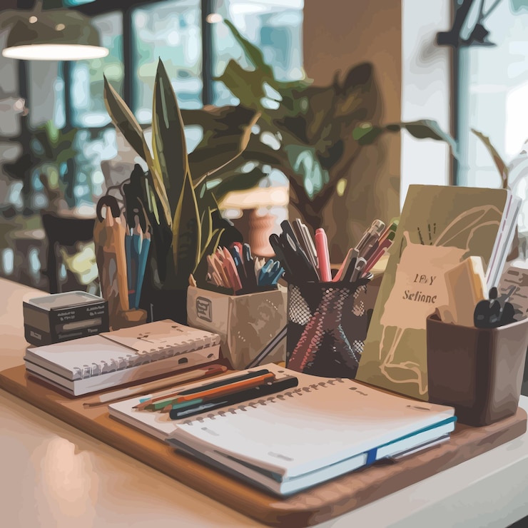 Vector a desk with a plant and a book on it