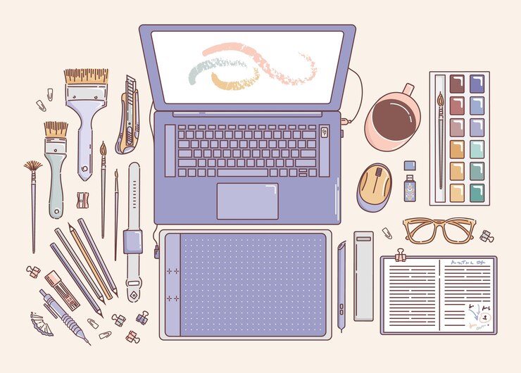 Vector desktop of an artist or designer laptop paints and brushes notebook mug graphic tablet binder clip stylus flash drive glasses doodle style office for posters cards design elements