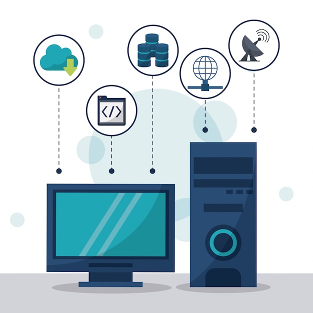 Vector desktop computer in closeup and network storage icons