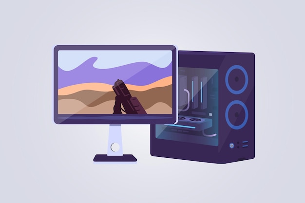 Vector desktop computer and display vector icons. game computers lets play video games concept. gaming pc illustration.