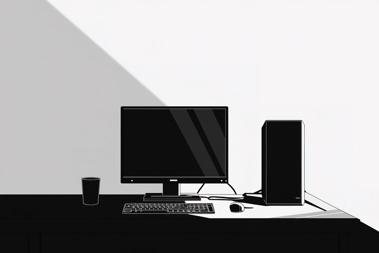 Vector desktop computer icon minimalist design black and white simple graphic silhouette computer tower mon