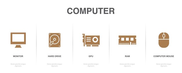 Desktop computer laptop video camera smartphone headphones icons Infographic design template Creative concept with 5 steps