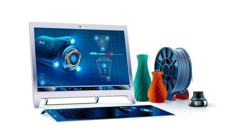 Vector desktop computer monitor with keyboard and 3d navigator 3d cad software on screen monoblock 3d modeling for print on 3d printing technical drawing of prototype in viewport on display