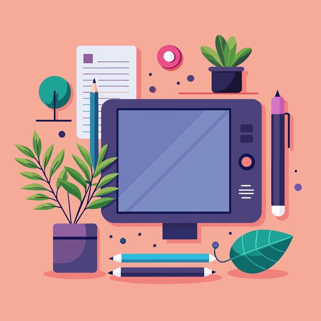 A desktop computer sits surrounded by various office supplies in a workspace A creative workspace with an oversized drawing tablet and digital pen Simple and minimalist flat Vector Illustration