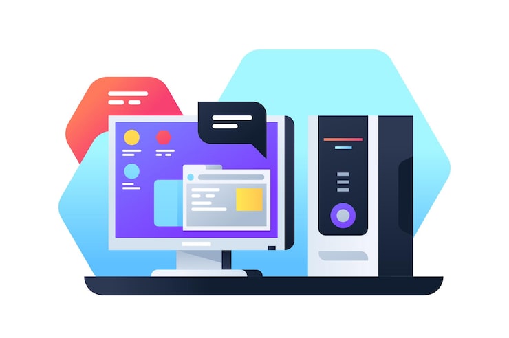 Vector desktop computer using modern app for working with data. isolated icon of system unit with monitor and interface screen using web browser.
