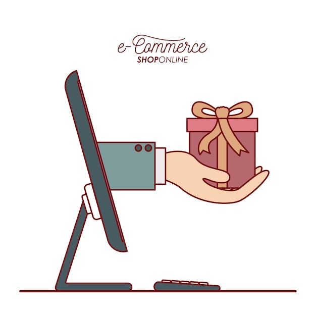 desktop computer with hand holding a small gift