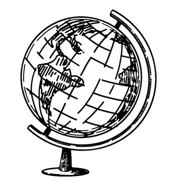 Desktop globo schizzo geografia modello scuola aula strumento contorno clip art illustrazione vettoriale disegnata a mano isolata su bianco