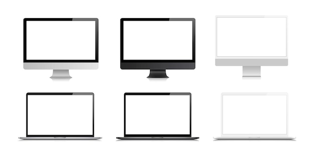 데스크탑 노트북 빈 화면 컴퓨터가 조롱합니다. 현대 모니터 벡터 흰색 배경에 고립입니다. 모형 세트