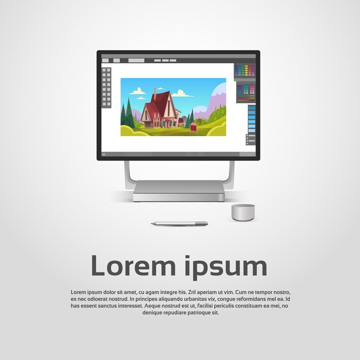 Vector desktop modern computer graphic designer workplace vector illustration