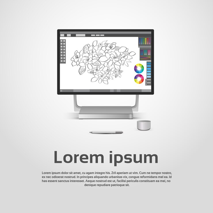 Vector desktop modern computer graphic designer workplace vector illustration