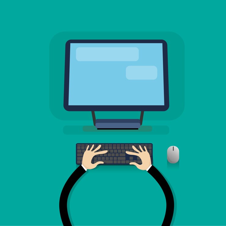 Vector desktop modern computer workstation hands typing keyboard
