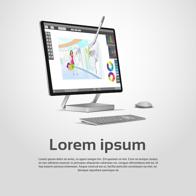 Desktop moderne computer grafische ontwerper werkplek vectorillustratie