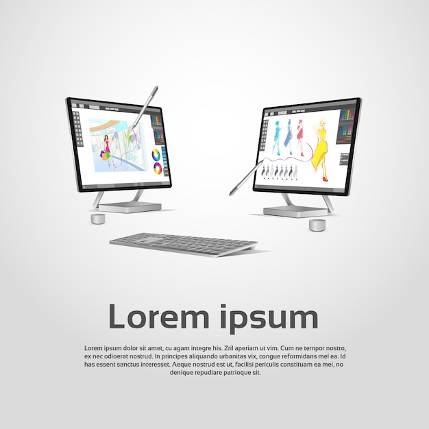 Desktop moderne computer grafische ontwerper werkplek vectorillustratie