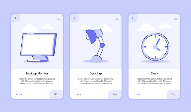 Desktop monitor desk lamp clock onboarding screen