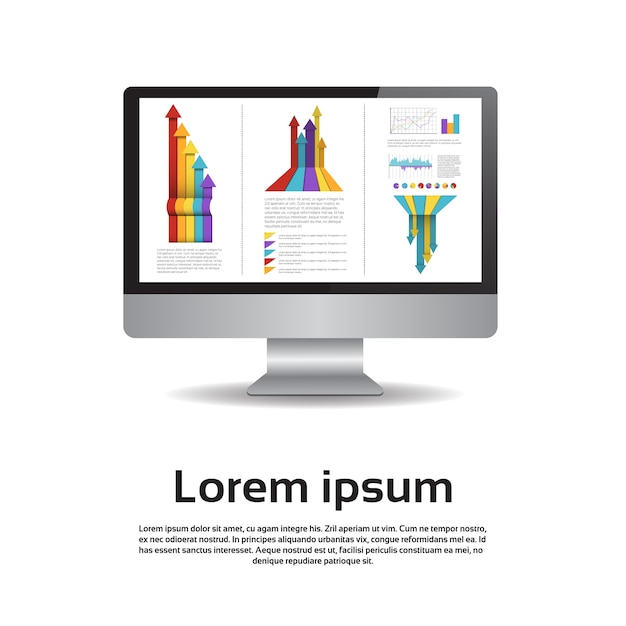 Desktop monitor werkstation grafiek instellen financiën diagram infographic financiële grafiek vector illustratio