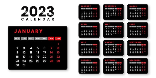 Calendario mensile desktop per l'anno 2023. calendario di copertina, set di 12 mesi. calendario di capodanno