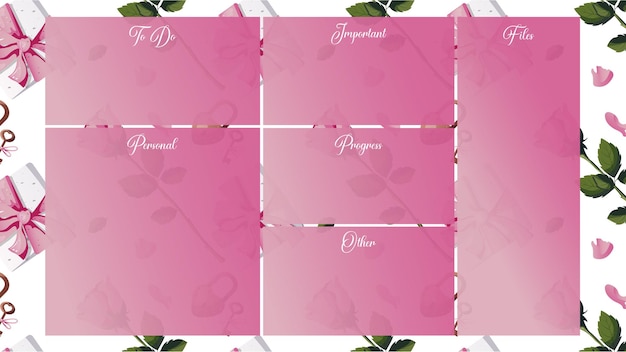 Vector desktop organizer pink wallpaper with pattern of gift boxes, roses, petals